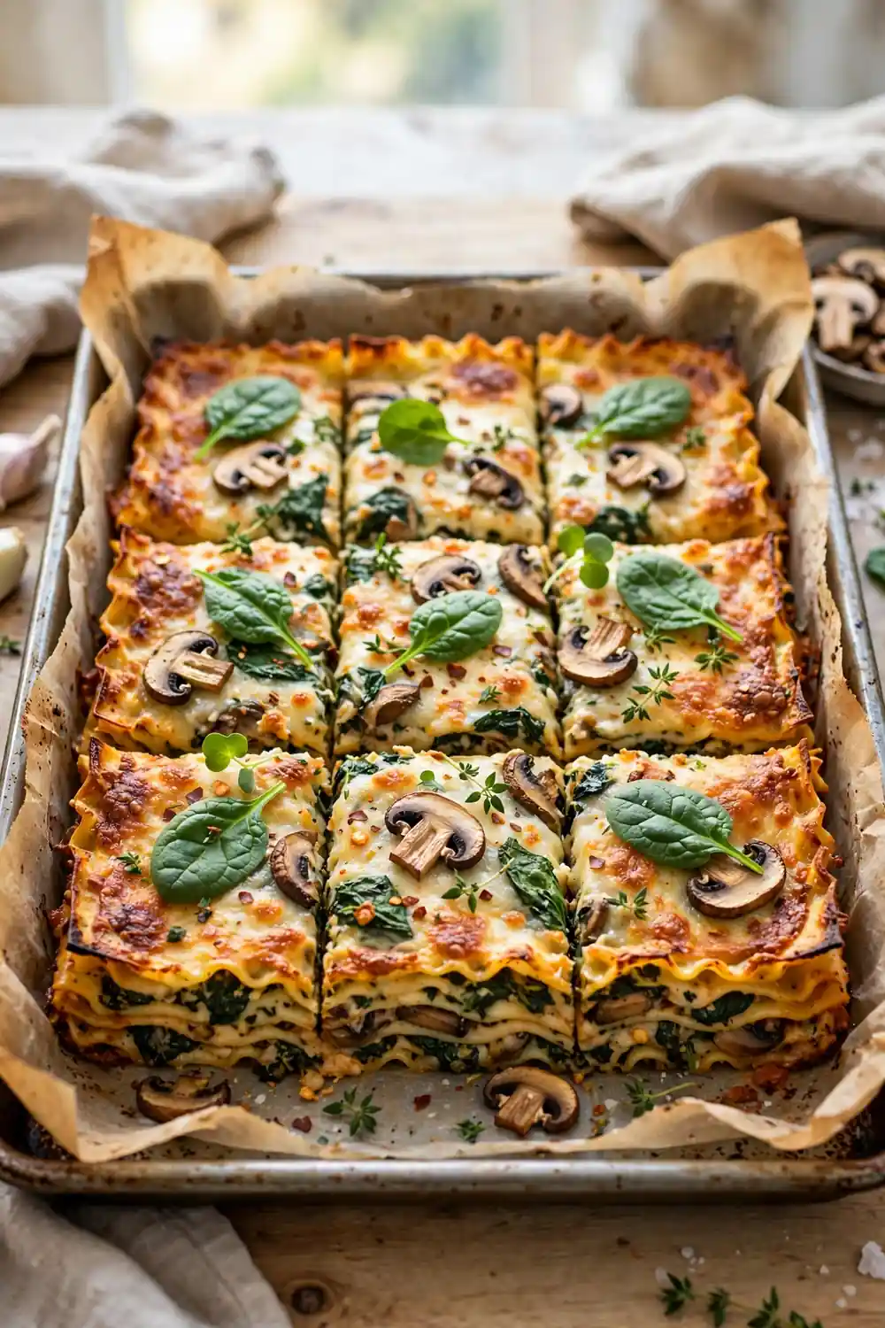 Sheet pan lasagna cut into crispy squares