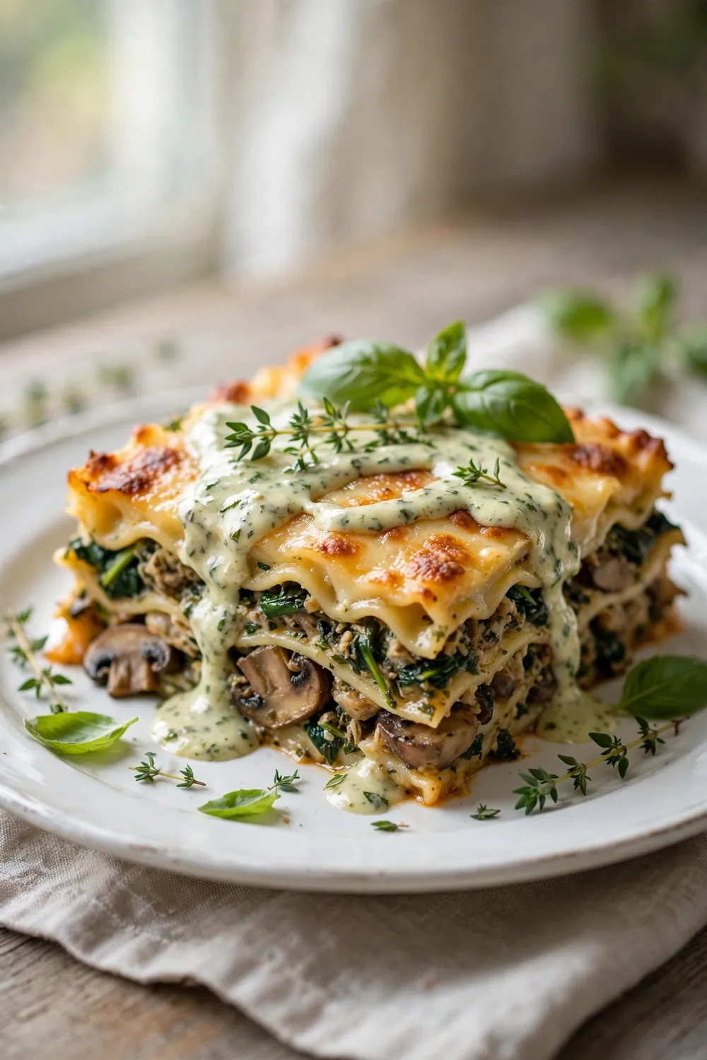 Lasagna slice drizzled with creamy herb sauce