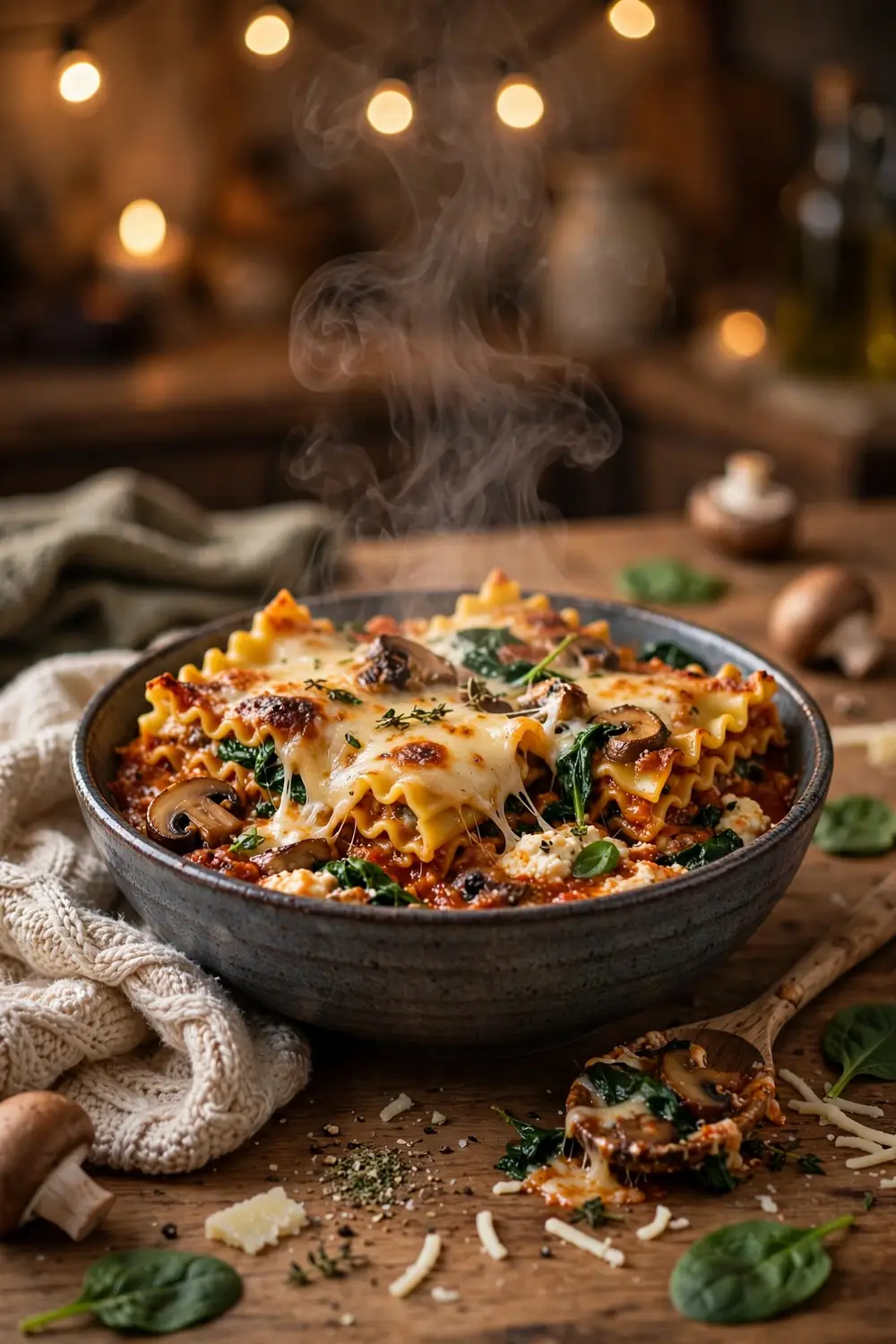 Deconstructed lasagna comfort bowl with steam