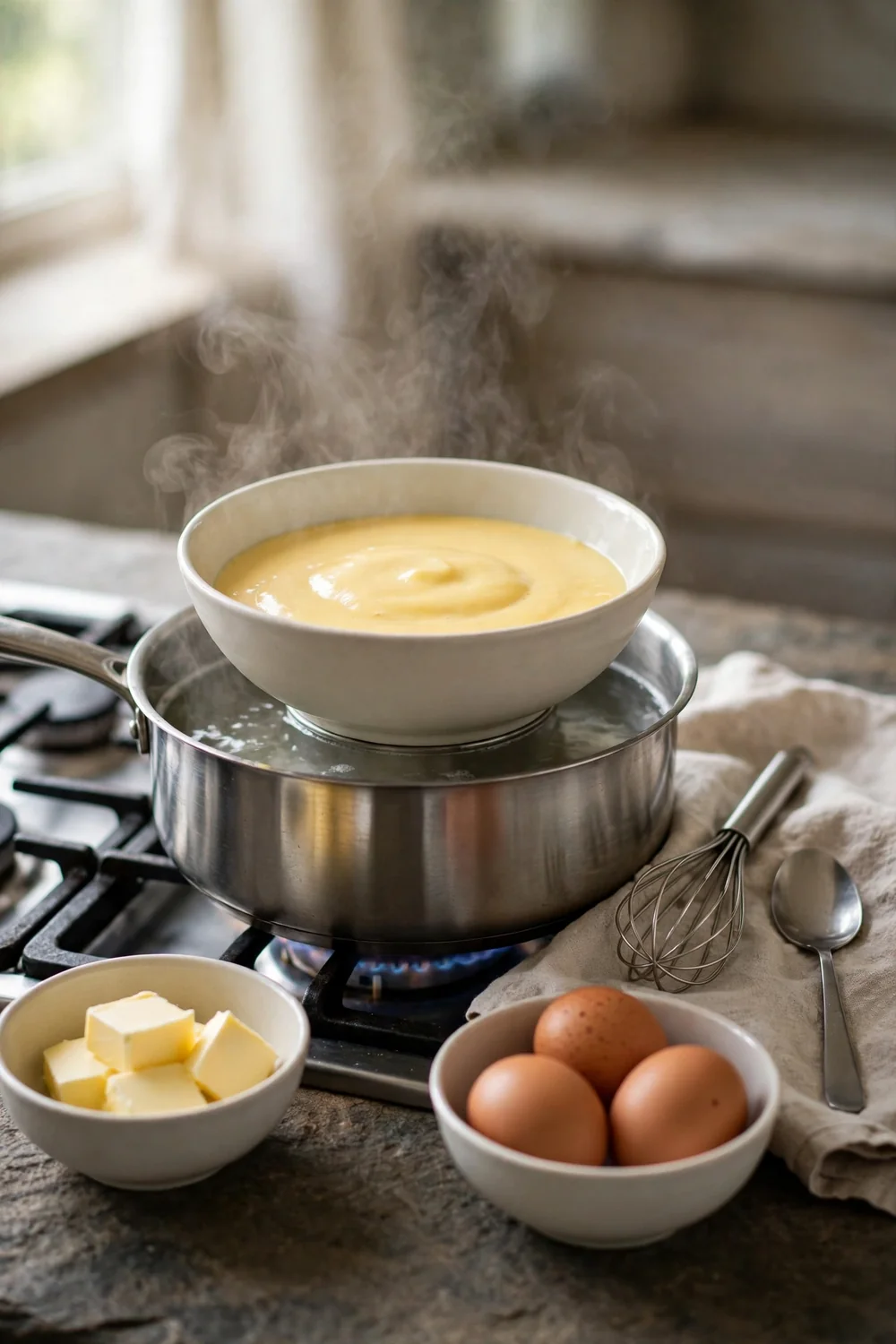 Bowl of hollandaise over a pot of simmering water