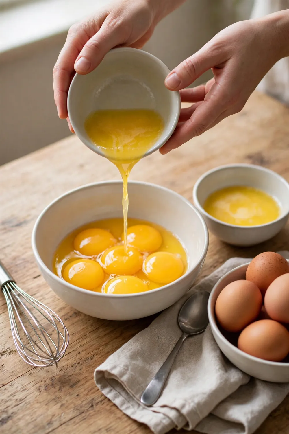 Pouring melted butter into a bowl of egg yolks
