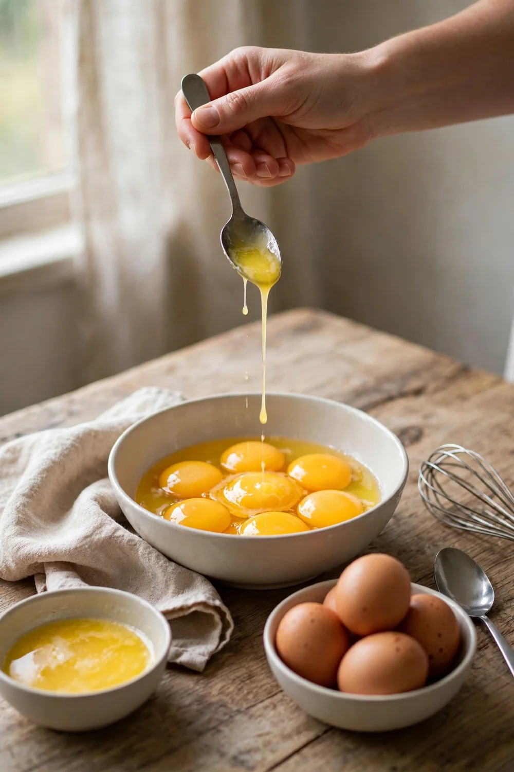 Drizzling melted butter slow into a bowl of egg yolks
