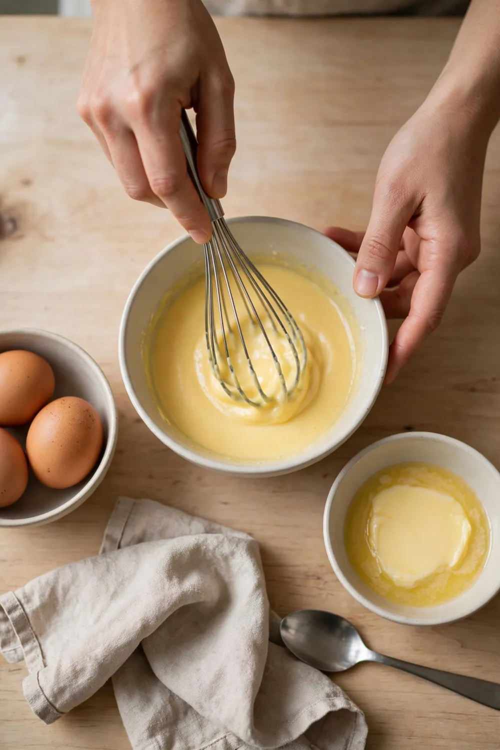 Whisking hollandaise steady with a whisk in a bowl