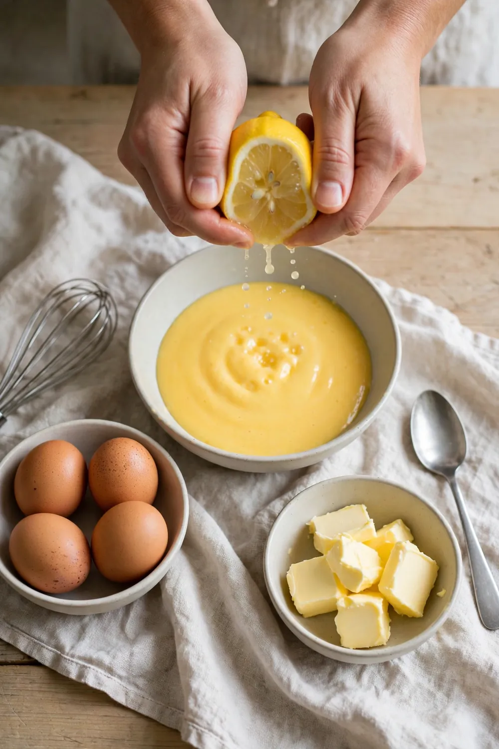 Squeezing lemon juice into a bowl of hollandaise