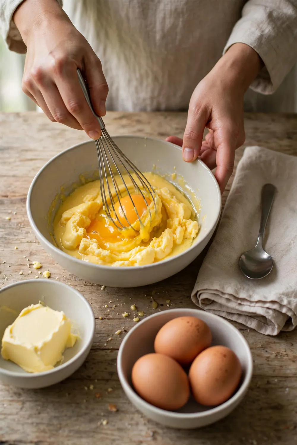Whisking a fresh egg yolk into broken hollandaise in a bowl