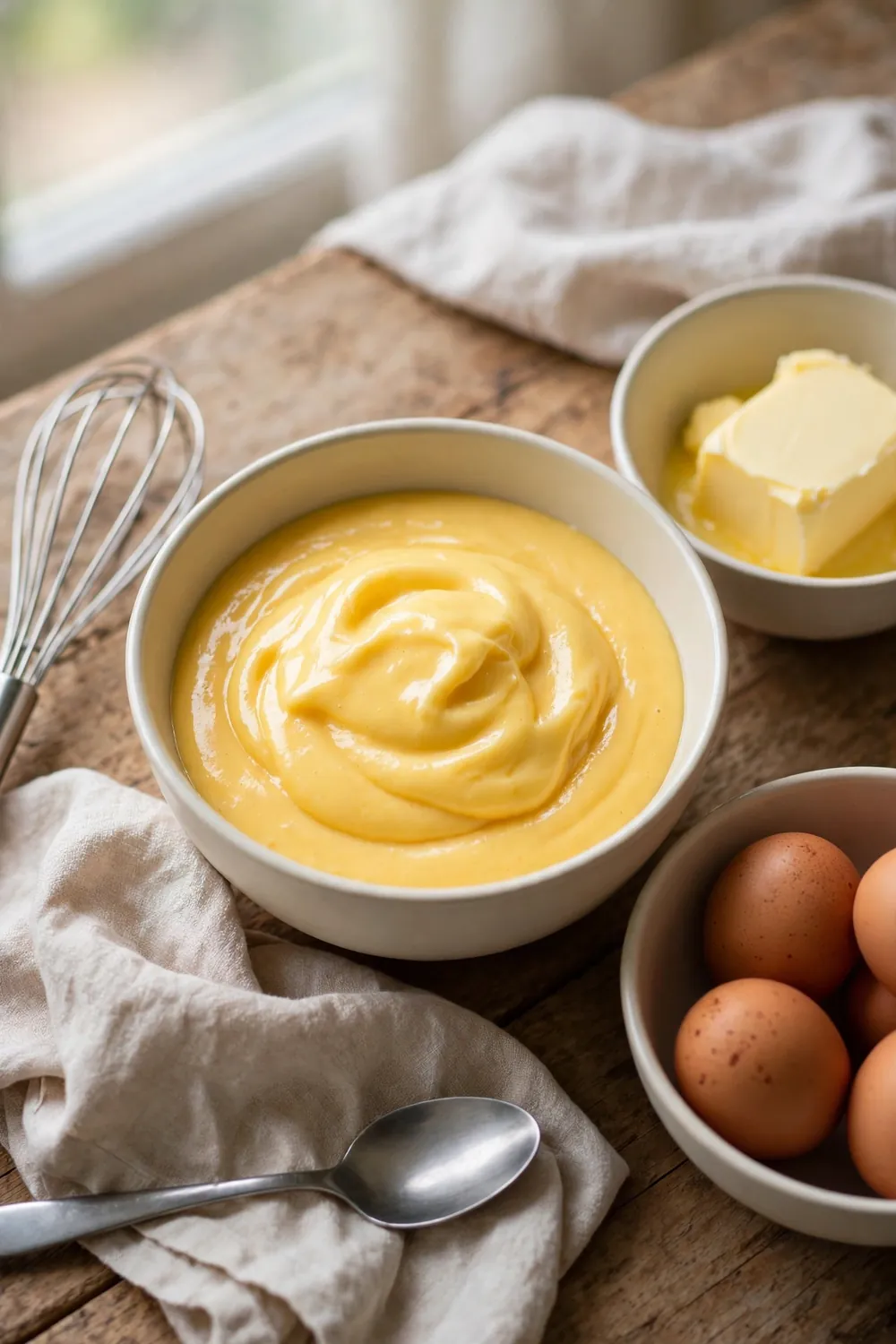 Warm plain bowl of hollandaise on a table