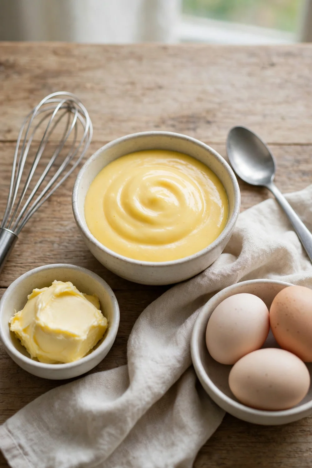 Single small bowl of hollandaise on a table