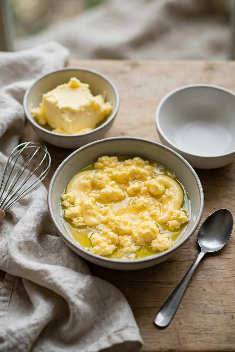 Bowl of broken hollandaise beside a bowl of butter