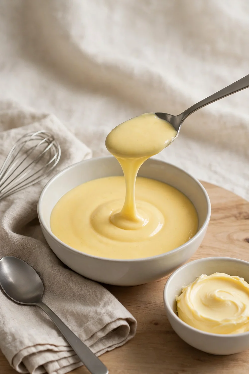 Smooth creamy hollandaise in a plain bowl