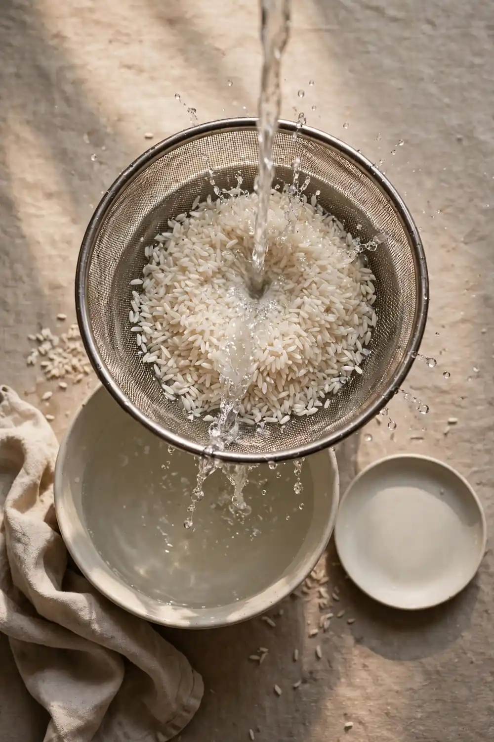 Rice rinsed in a fine mesh strainer