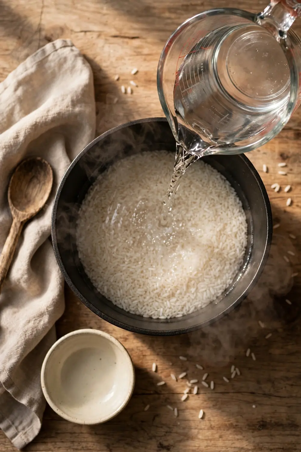 Water poured into a pot of rice