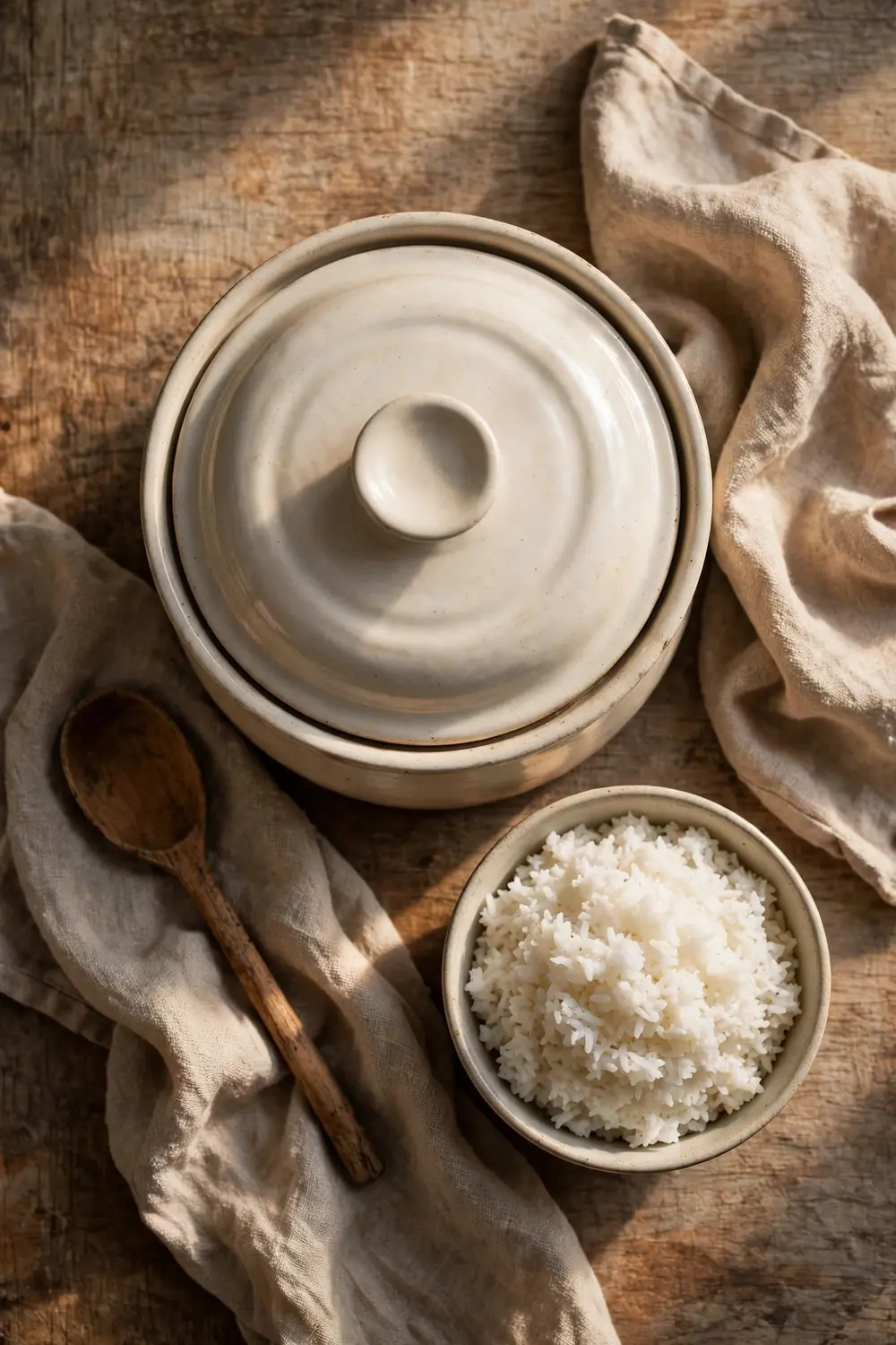 A pot of cooked rice resting