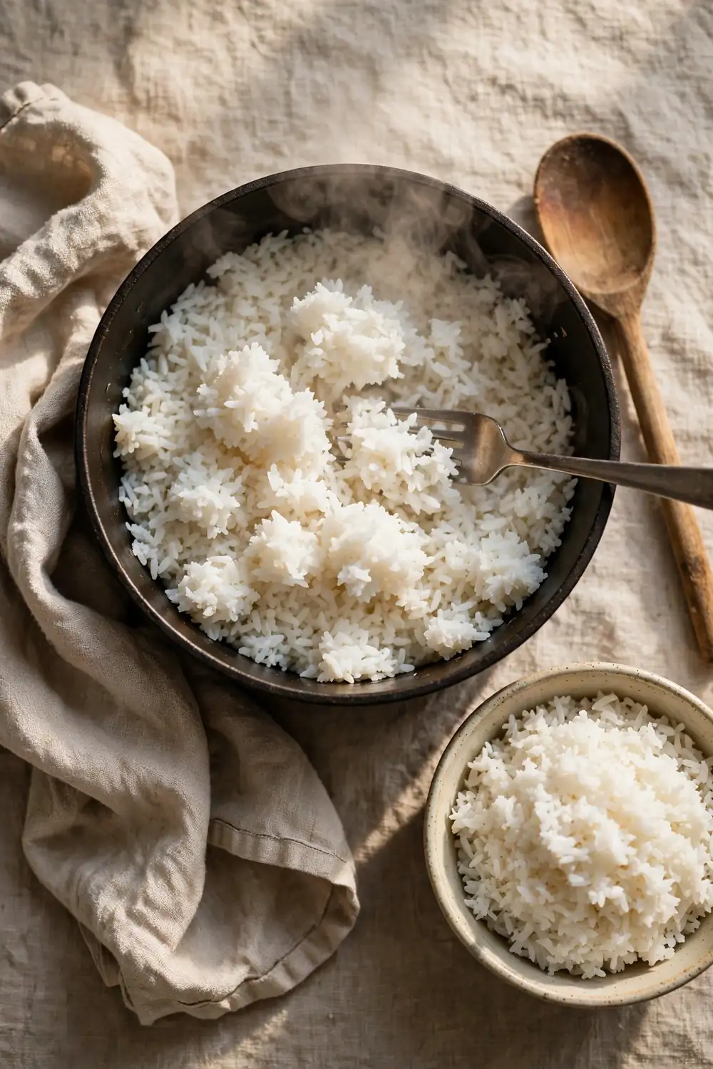 Cooked rice fluffed with a fork