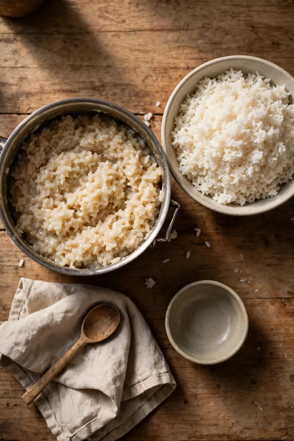 Mushy rice beside fluffy rice