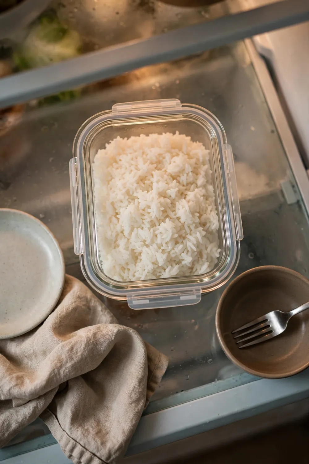 Cooked rice in a sealed glass container