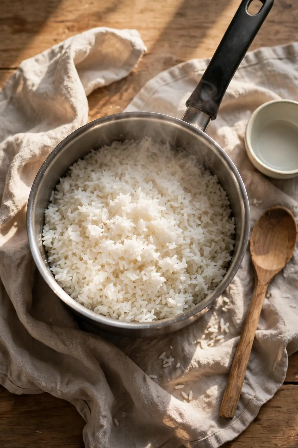 Rice reheated gently in a saucepan