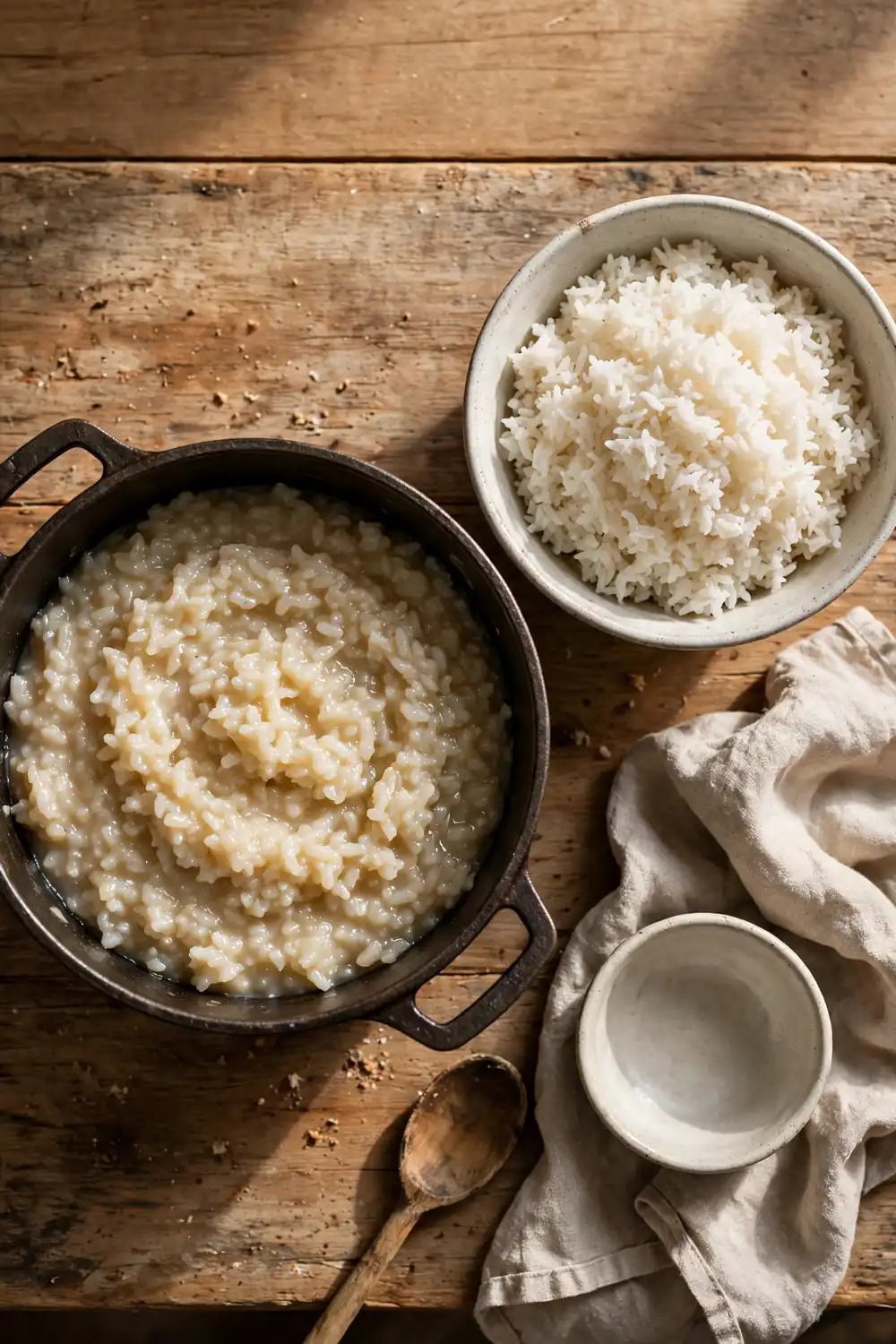 Mushy rice beside fluffy rice