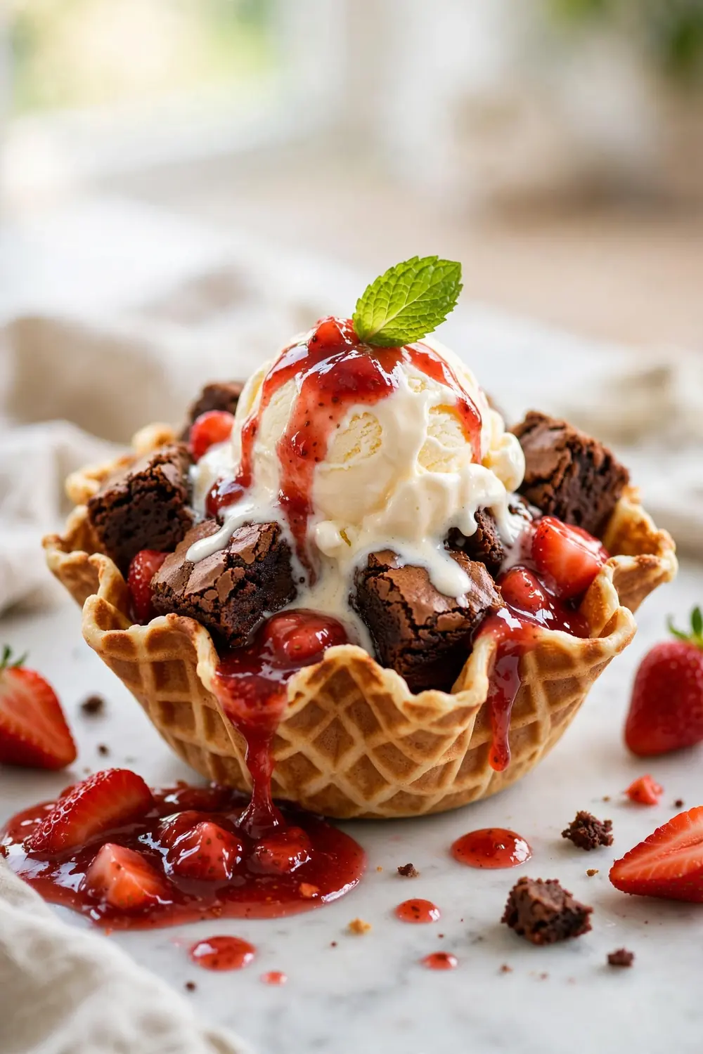 Strawberry brownie waffle bowls