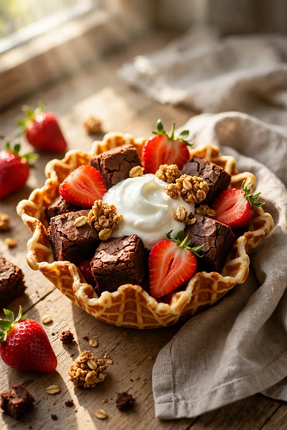 Strawberry brownie waffle bowls