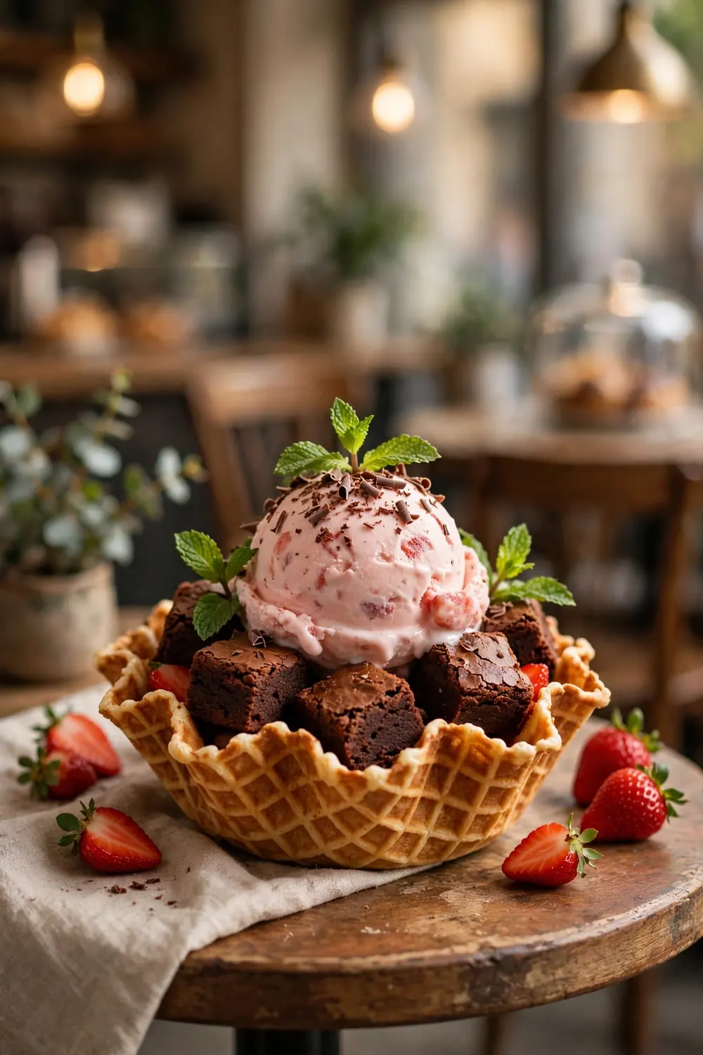 Strawberry brownie waffle bowls