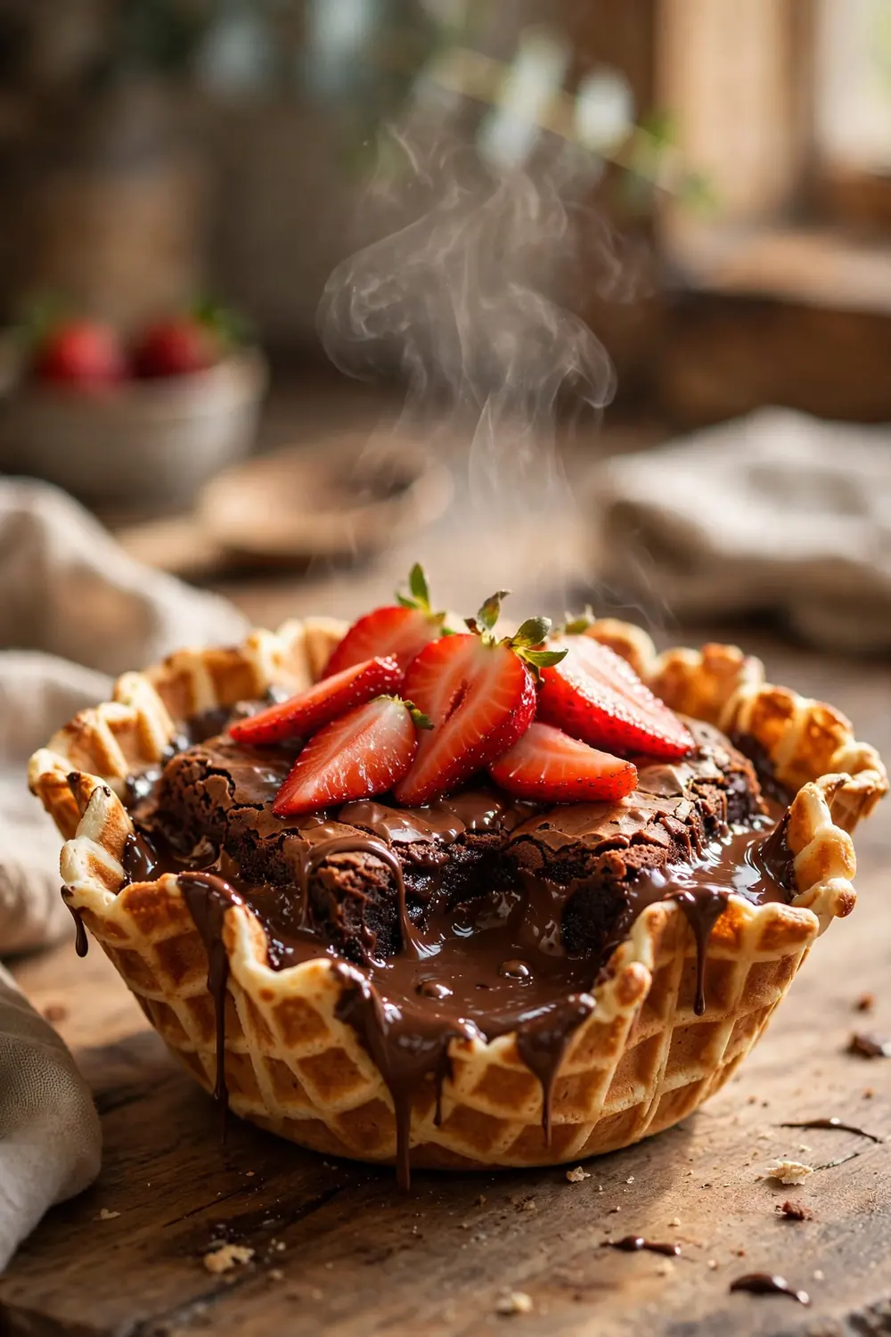 Strawberry brownie waffle bowls