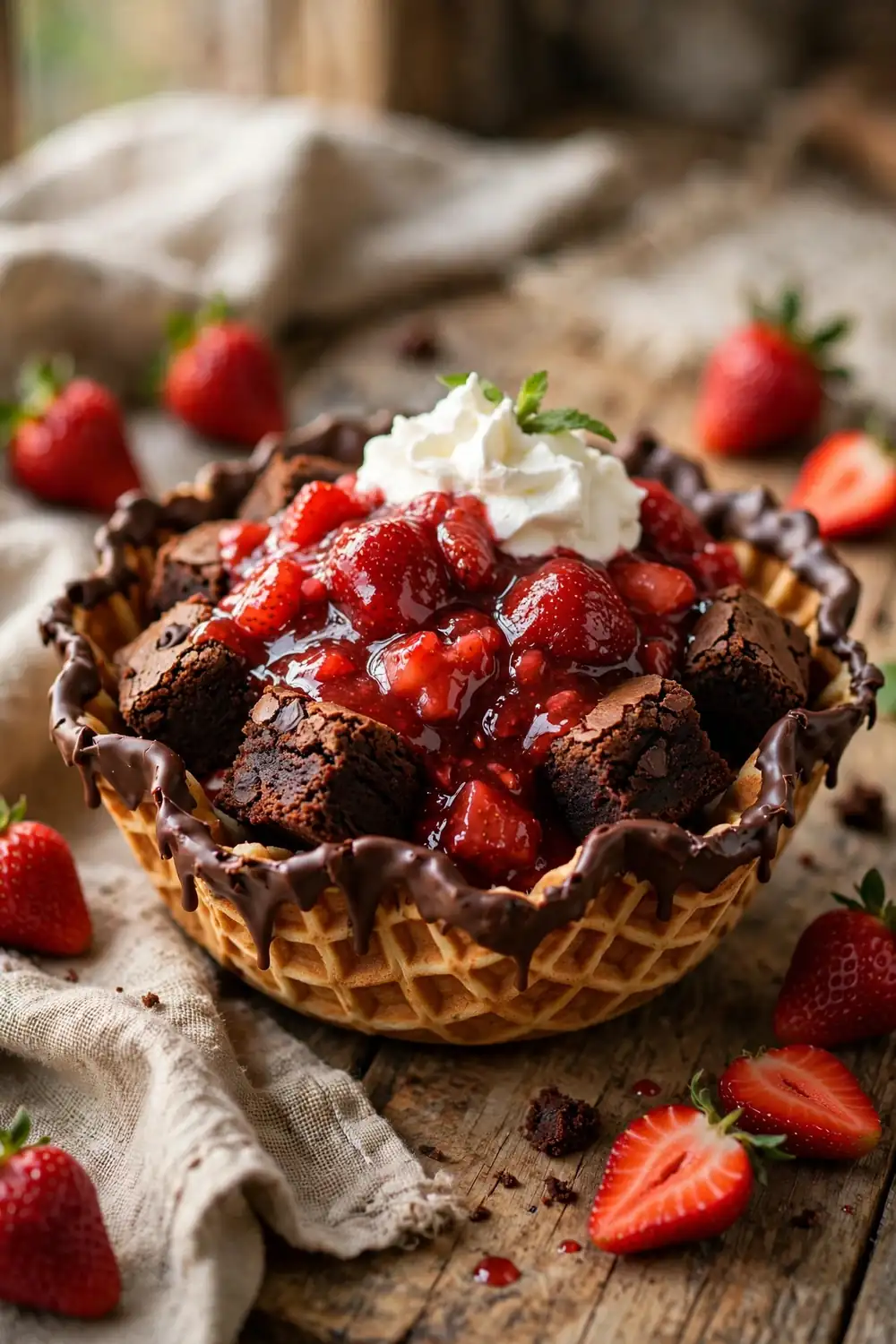 Strawberry brownie waffle bowls
