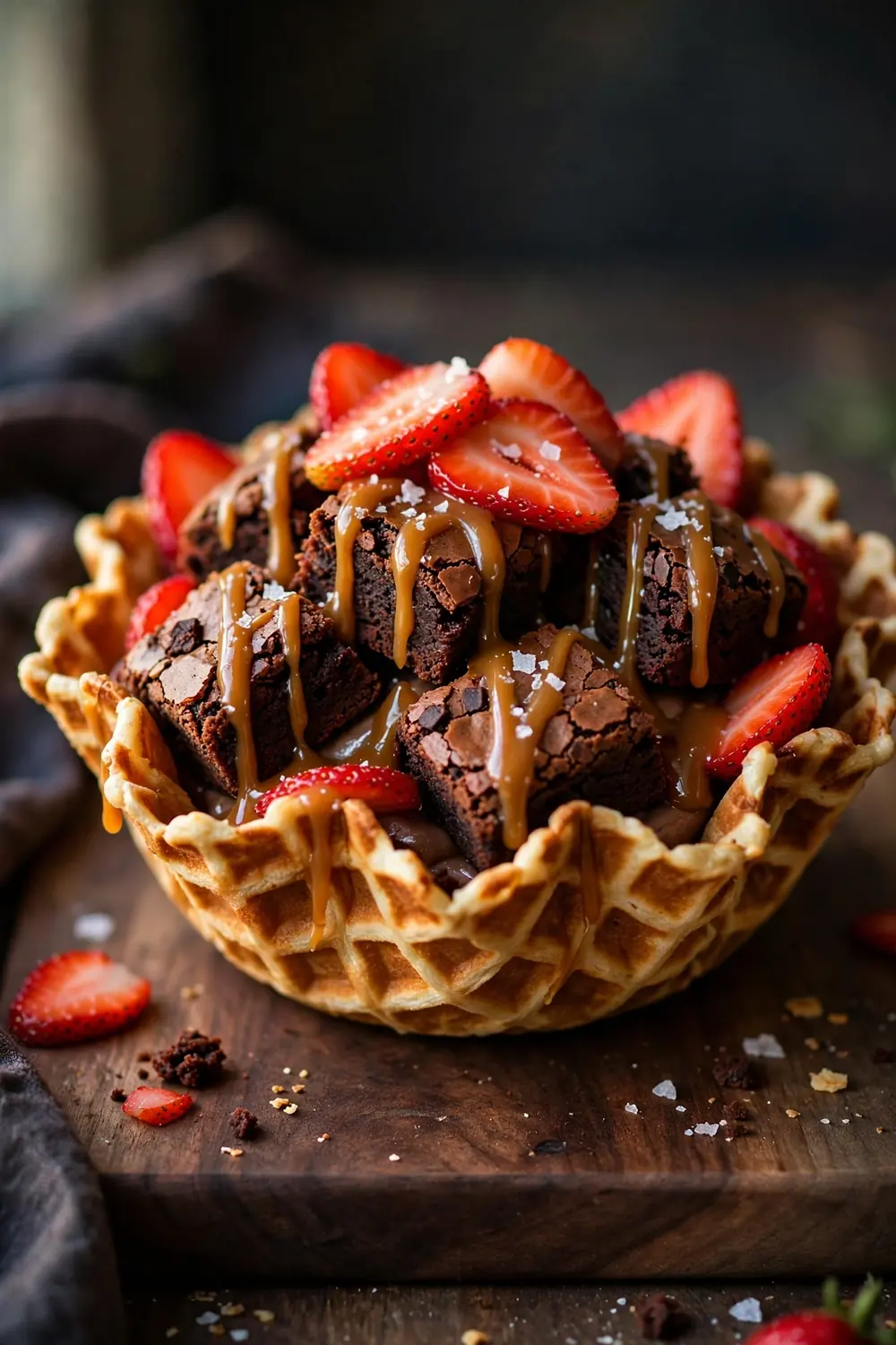 Strawberry brownie waffle bowls