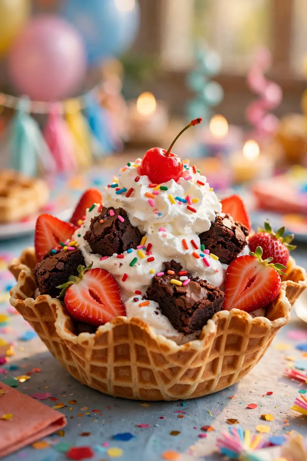 Strawberry brownie waffle bowls