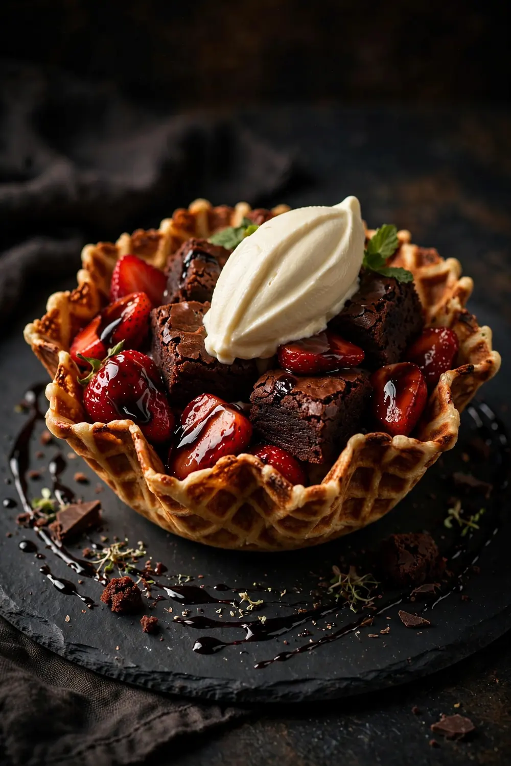 Strawberry brownie waffle bowls