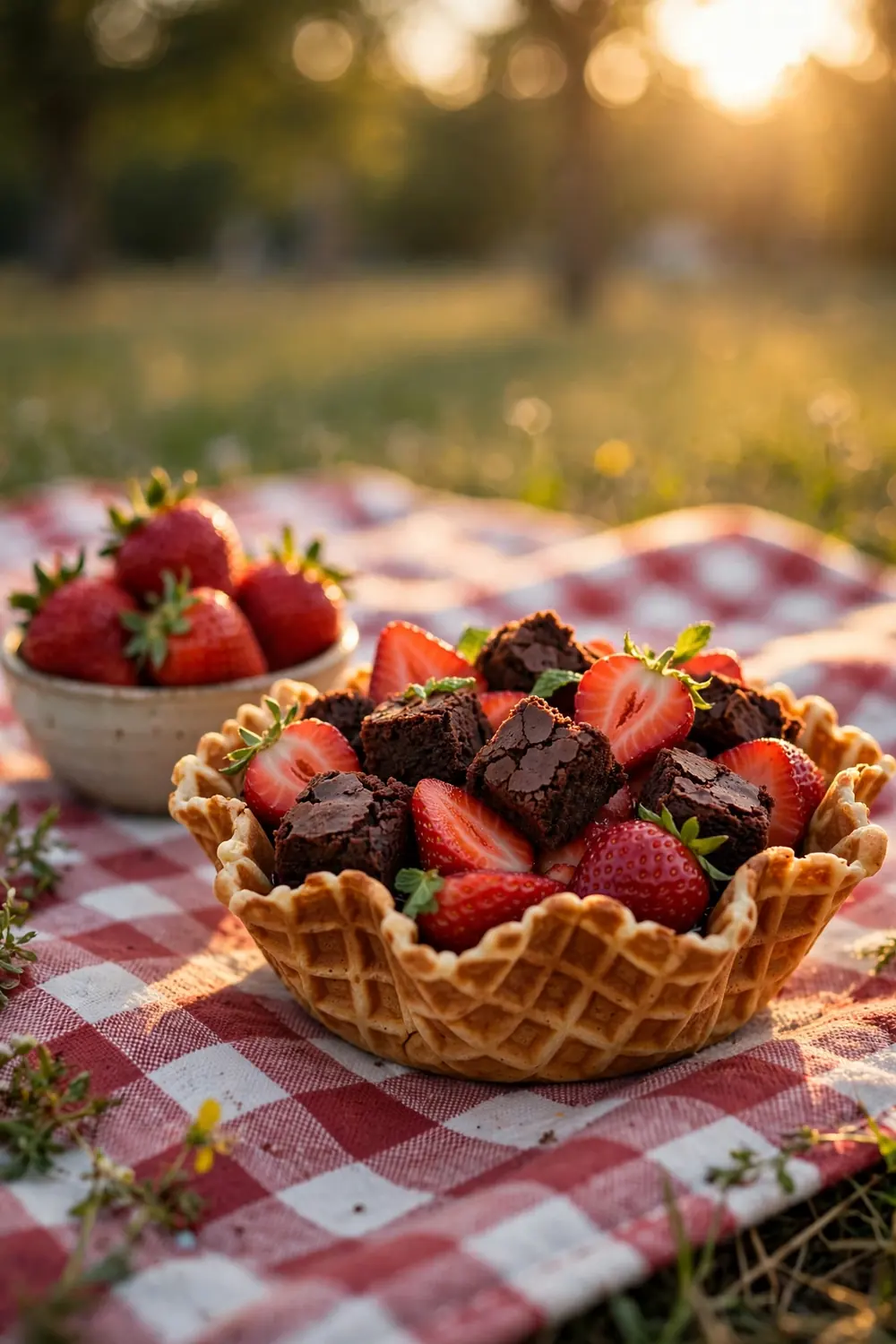 Strawberry brownie waffle bowls