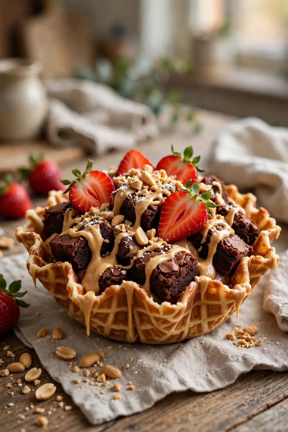 Strawberry brownie waffle bowls
