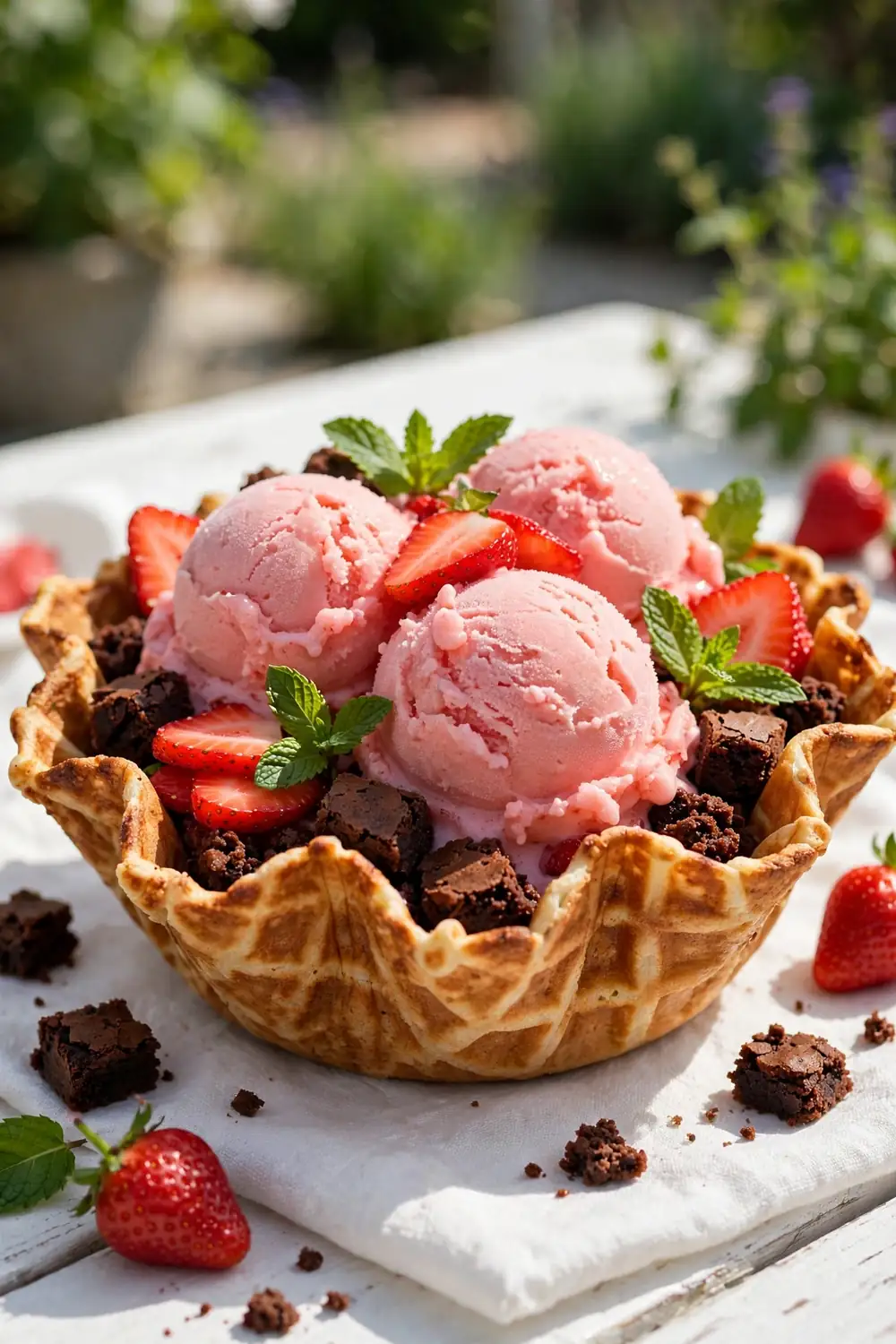 Strawberry brownie waffle bowls