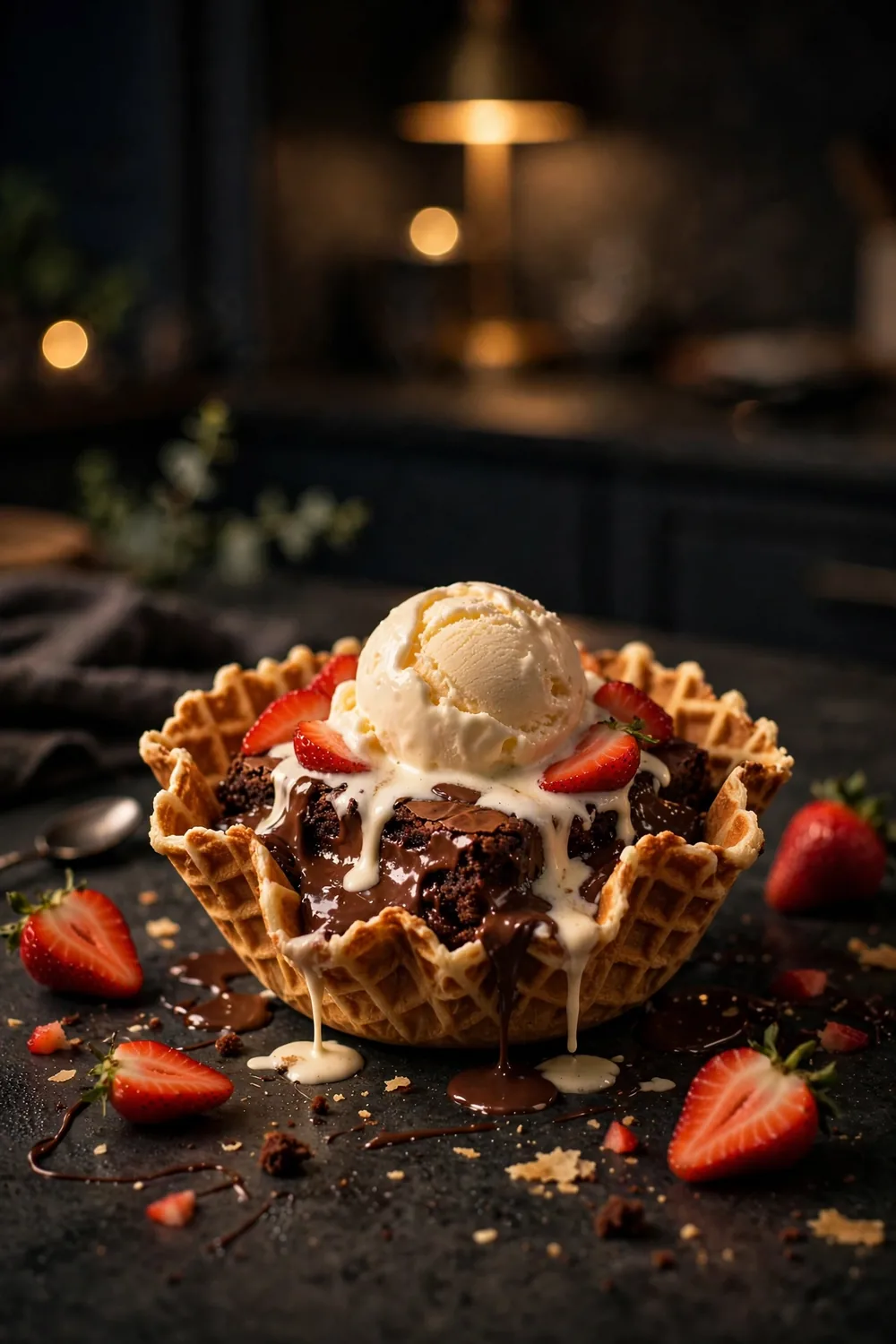 Strawberry brownie waffle bowls