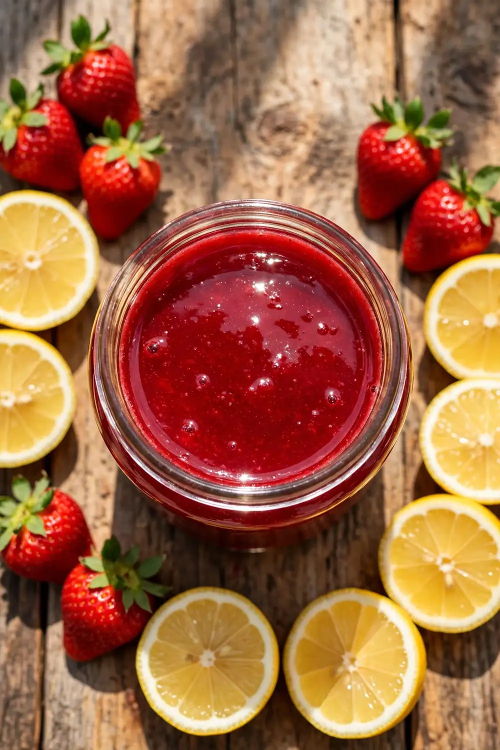 Ruby red strawberry lemon concentrate in a glass jar with fresh strawberries and lemon halves beside it