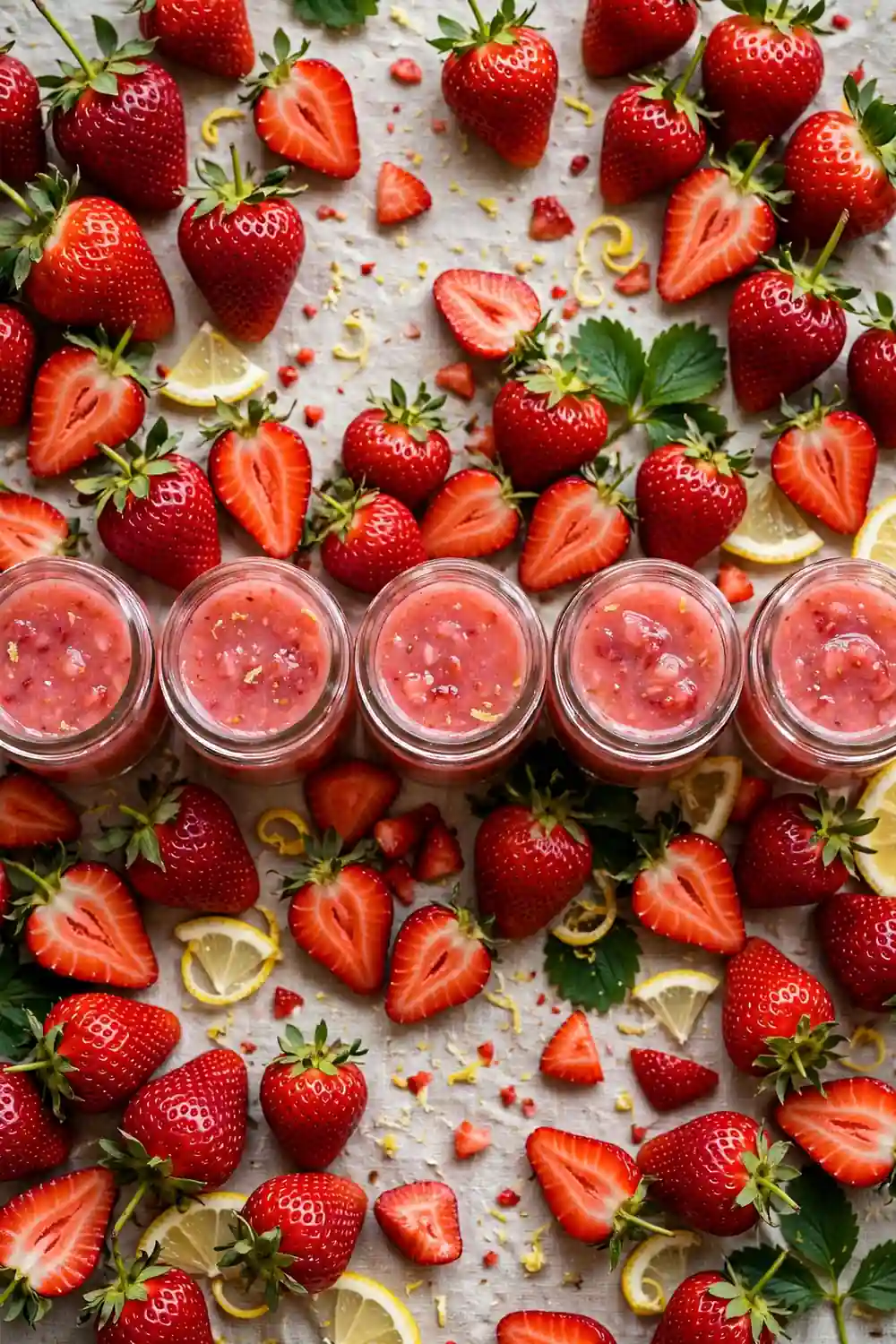 Small glass jars filled with pink strawberry lemon concentrate lined up on a wooden counter