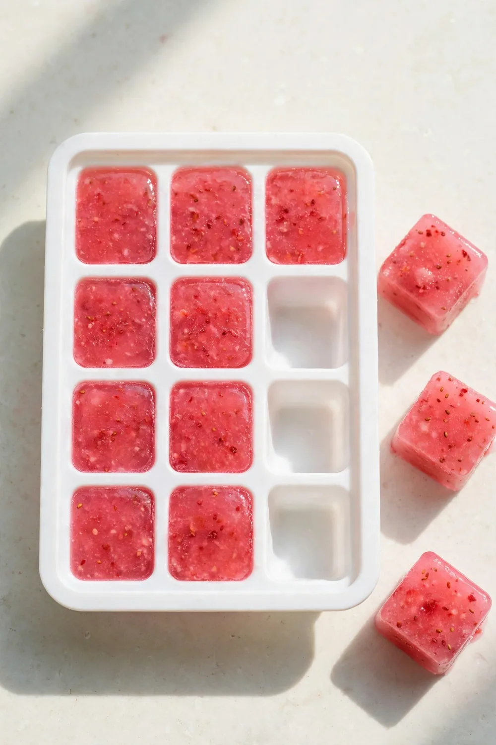 Pink frozen strawberry lemon concentrate cubes in an ice cube tray with berries nearby
