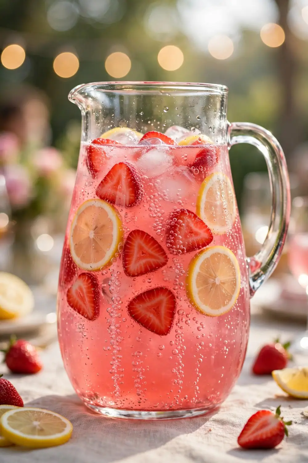 Large glass pitcher of sparkling pink strawberry lemon drink with berries and ice on a party table