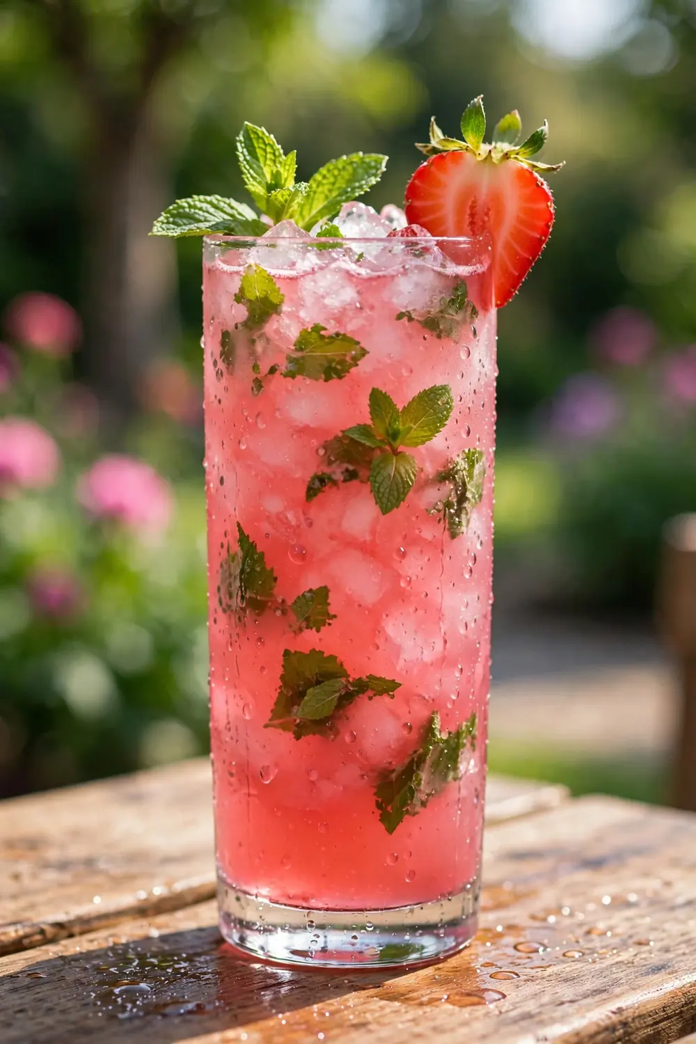 Tall glass of pink strawberry lemon cooler with fresh mint leaves and crushed ice