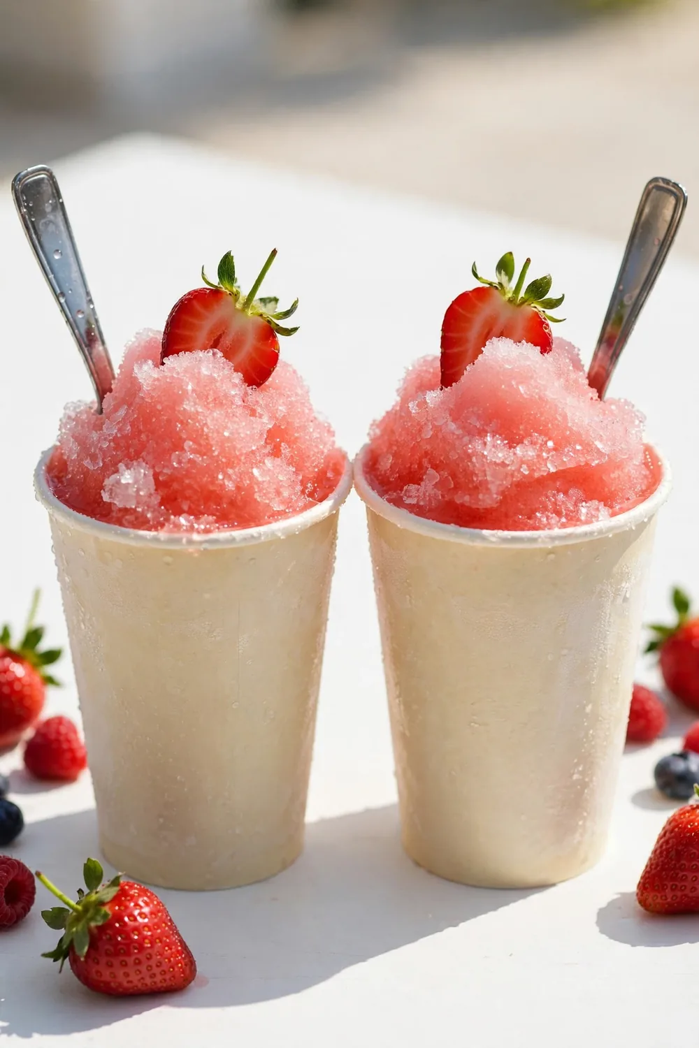 Frozen pink strawberry lemon slush in paper cups with a spoon and strawberry garnish