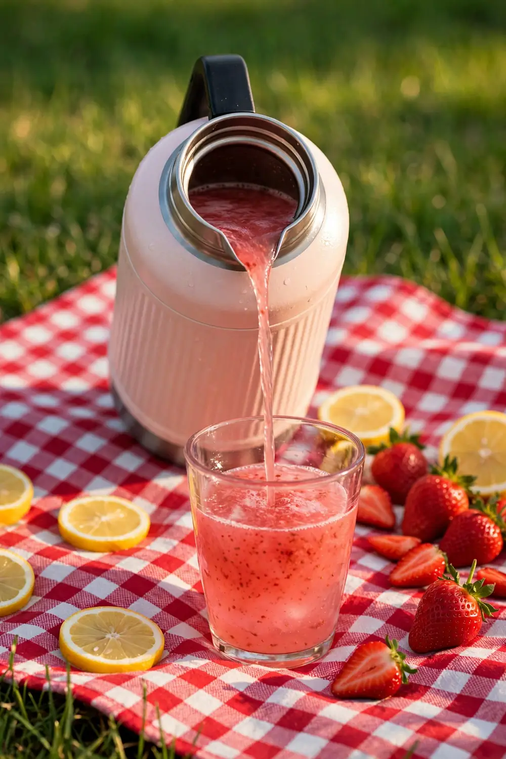 Insulated picnic jug of pink strawberry lemon drink with a checkered blanket and cups outdoors