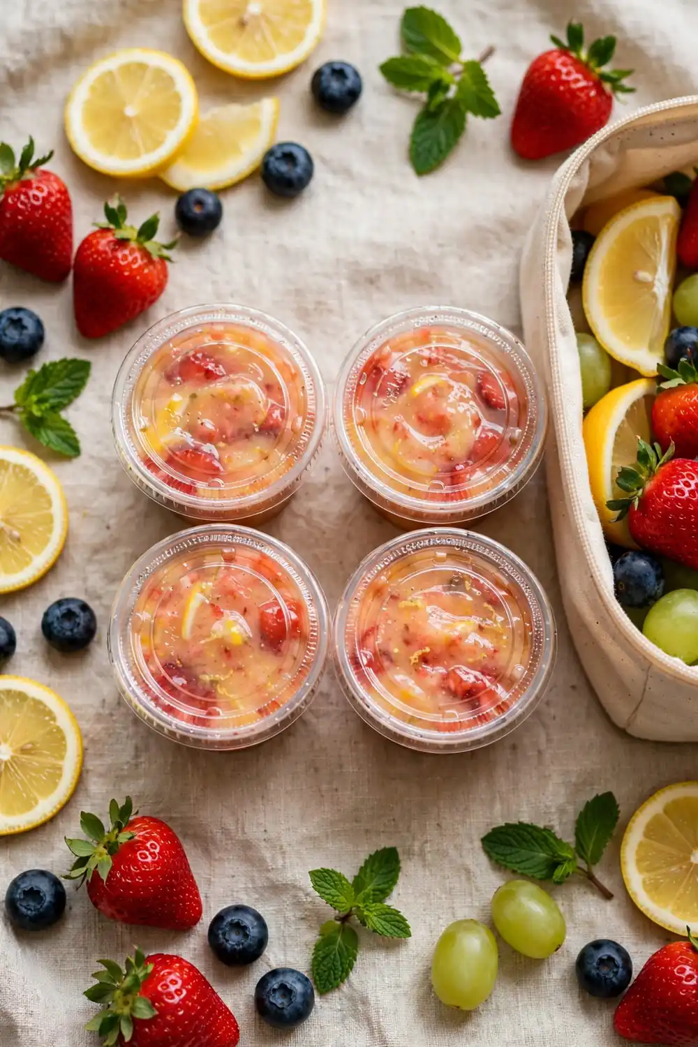 Small lidded cups of strawberry lemon concentrate packed beside a lunchbox with fruit