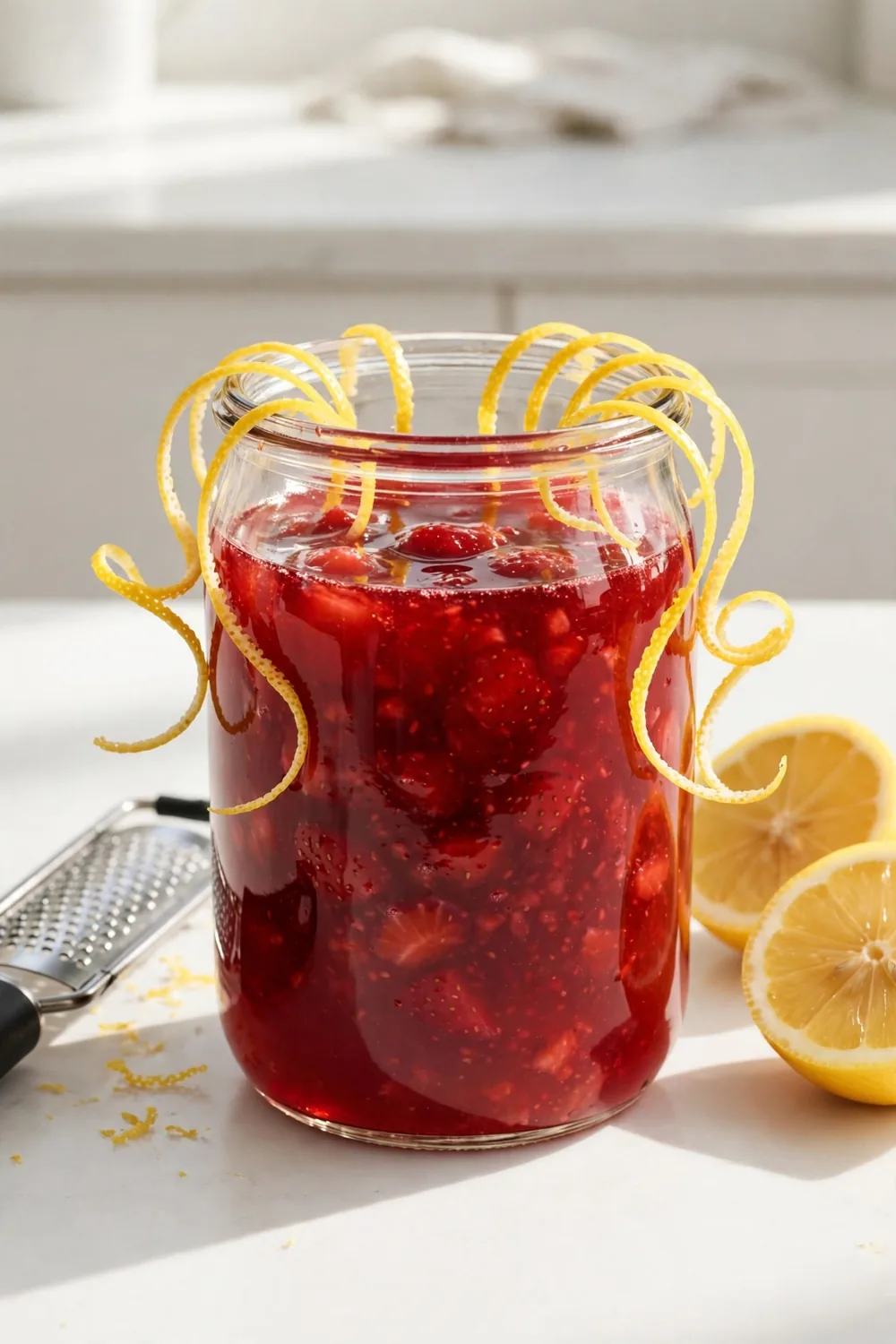 Glass jar of strawberry lemon concentrate with strips of lemon zest and a zester on the counter