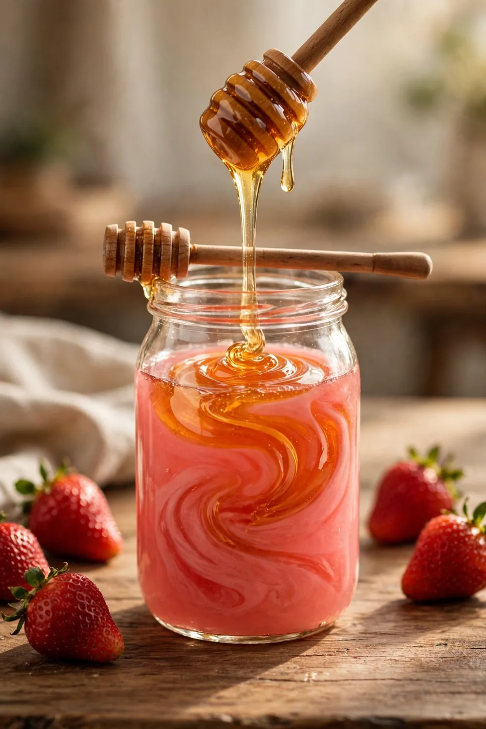Honey drizzler over a jar of strawberry lemon concentrate with a honey dipper and comb nearby
