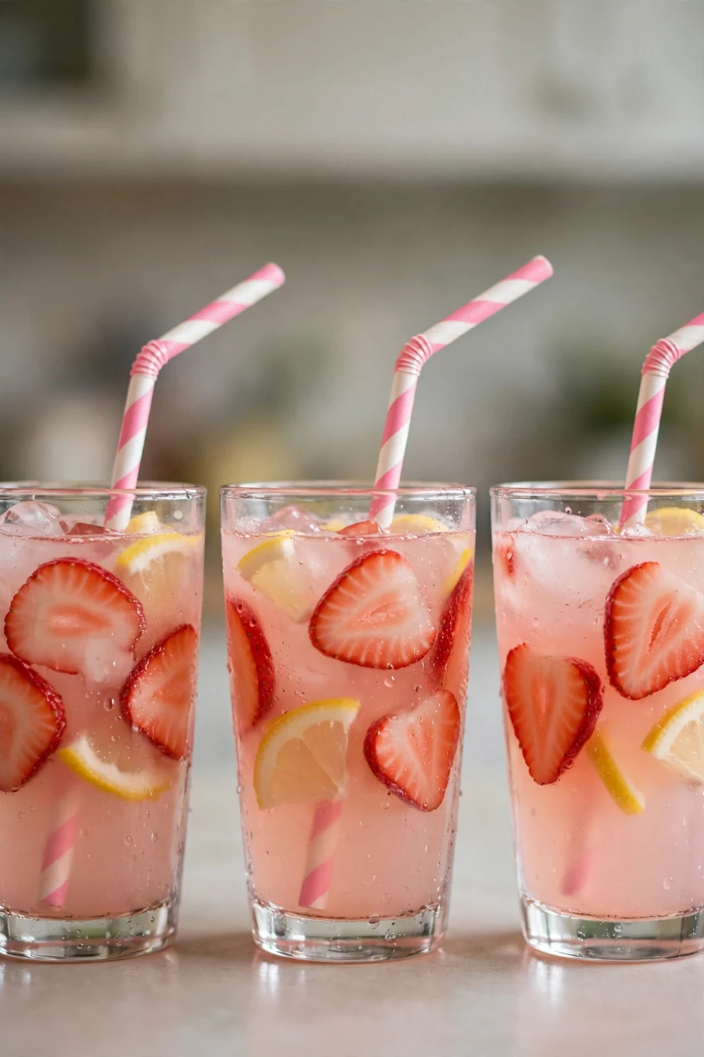 Child sized glasses of light pink strawberry lemon drink with strawberry slices and fun straws