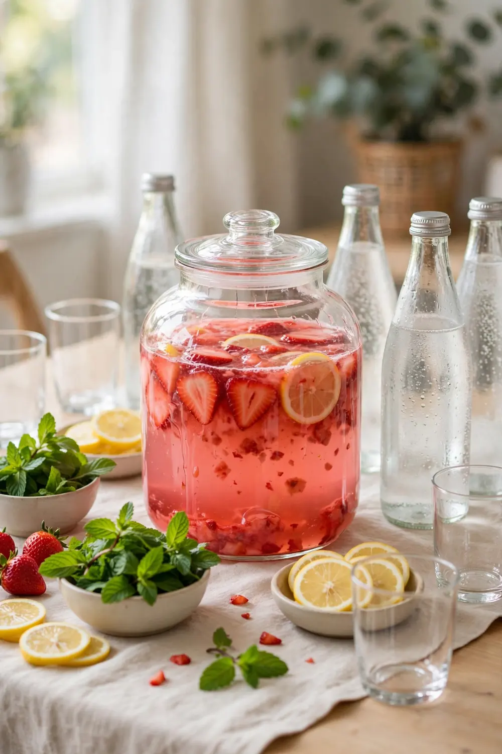 Brunch drink station with a jar of strawberry lemon concentrate, sparkling water, and glassware