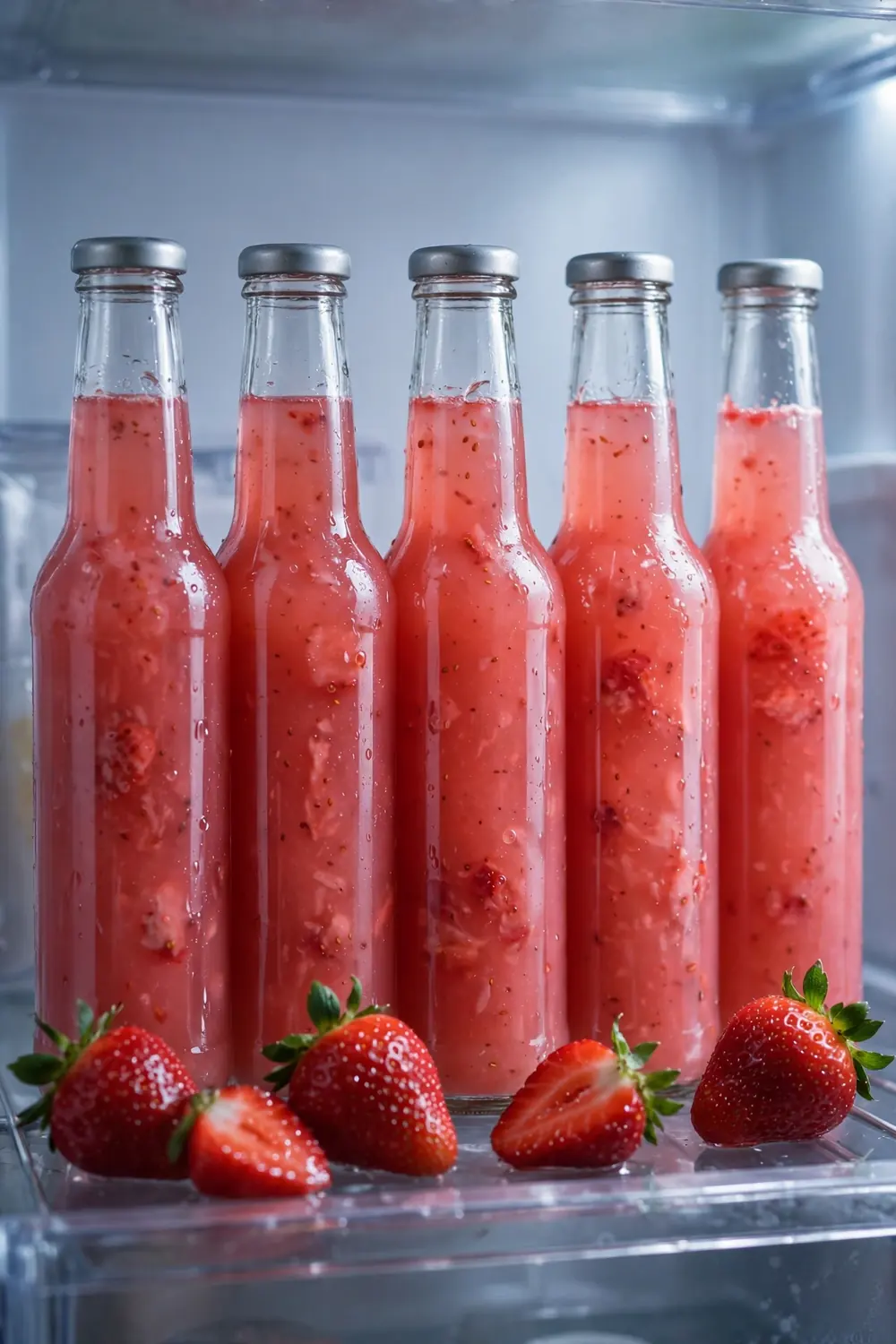 Row of sealed bottles filled with strawberry lemon concentrate on a fridge shelf