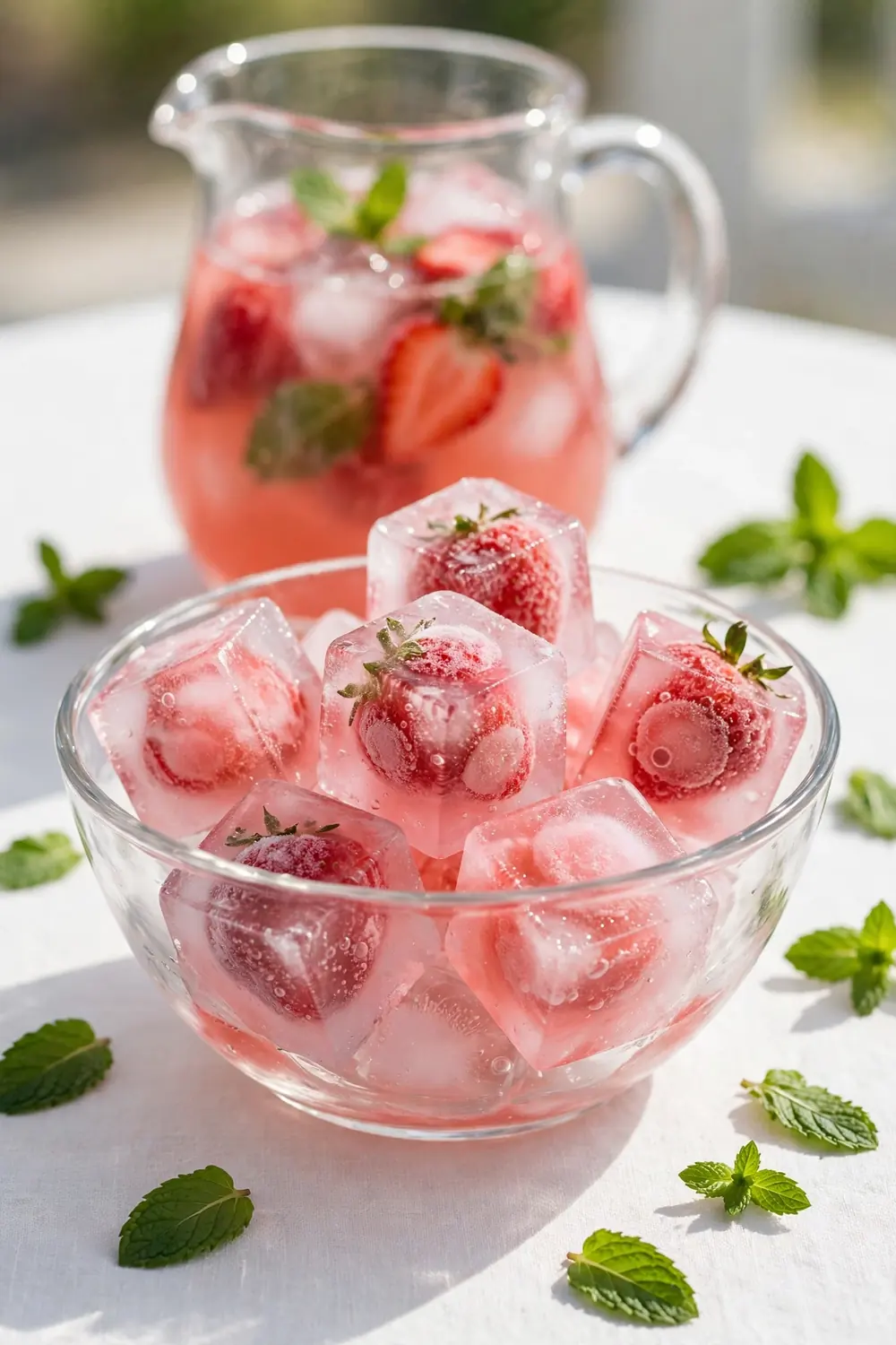 Ice cubes with frozen strawberries and pink concentrate in a glass bowl beside a pitcher
