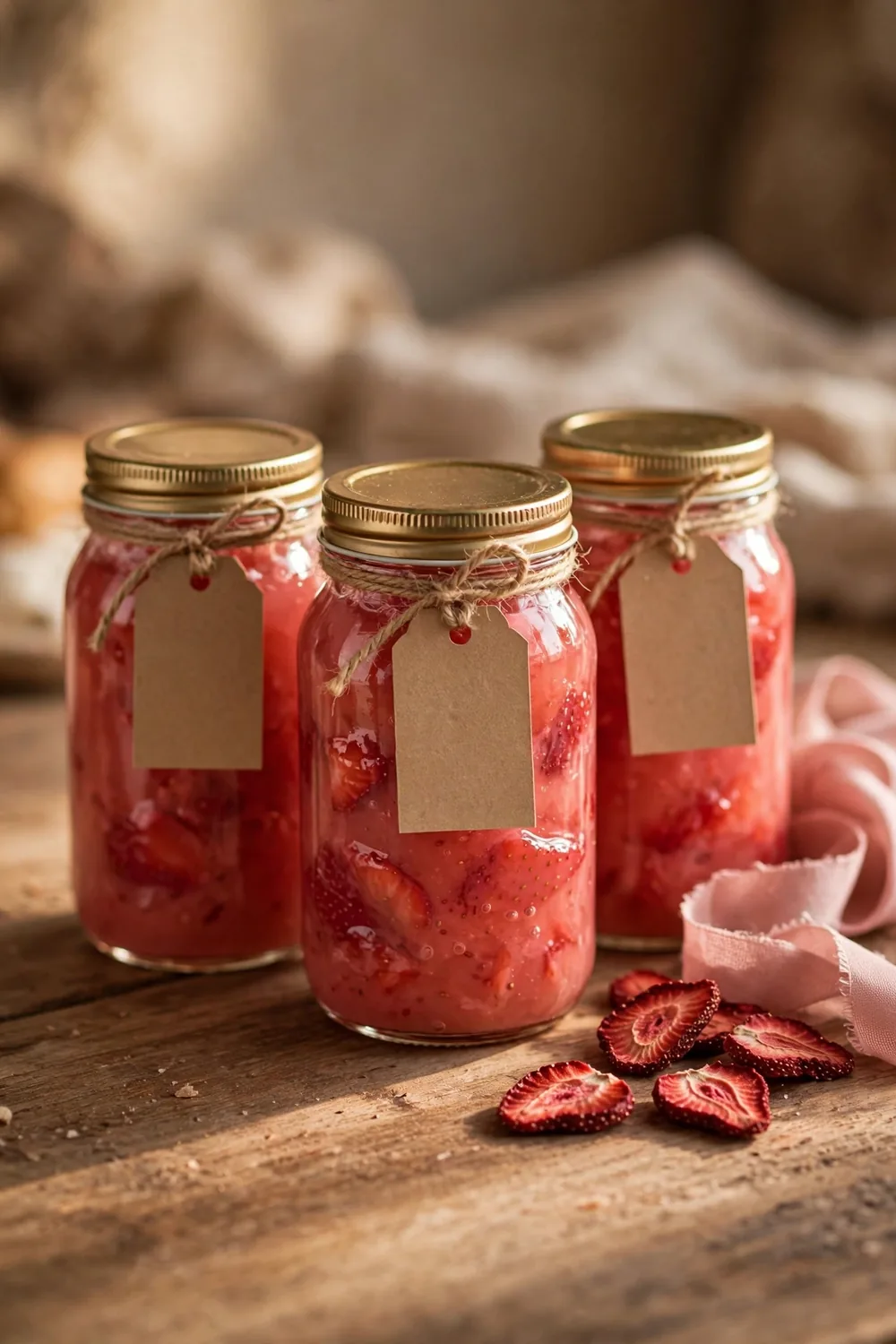 Gift jars of strawberry lemon concentrate with kraft paper labels, twine, and a ribbon