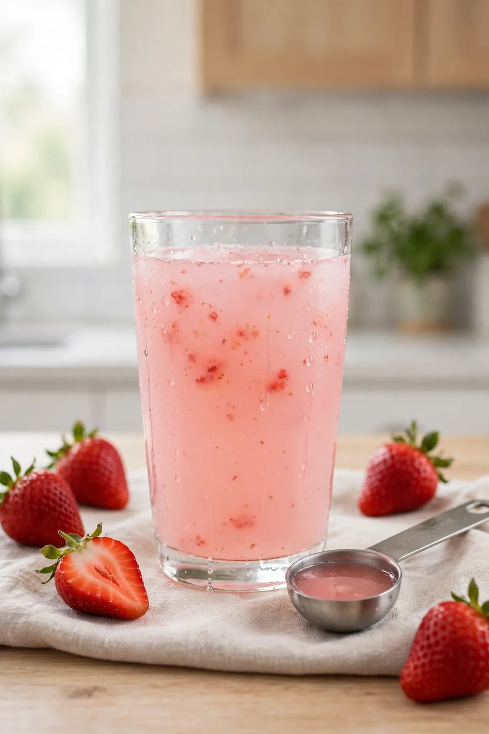 Glass of light pink low sugar strawberry lemon drink with a measuring spoon and stevia leaves