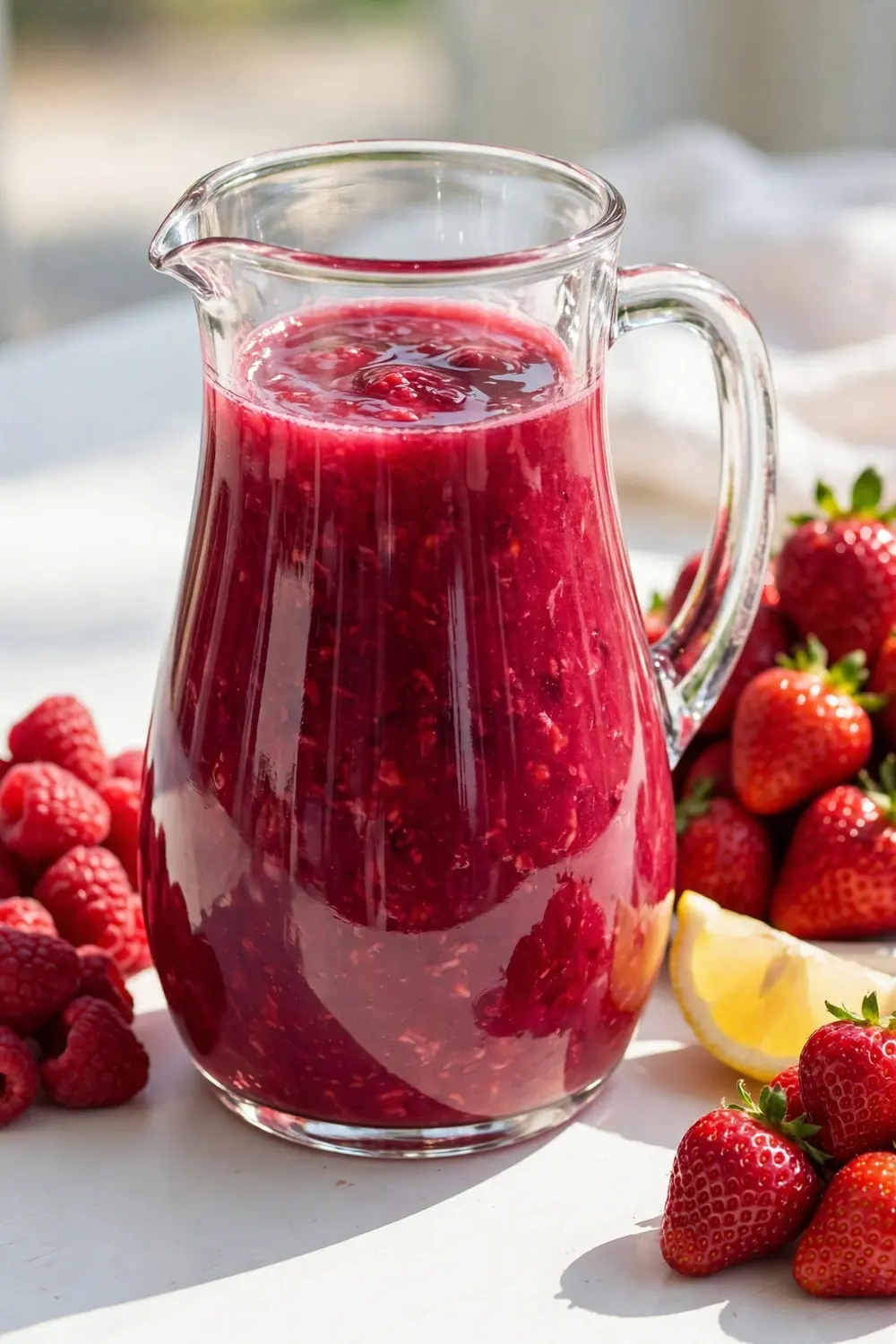 Pitcher of deep pink double berry lemon concentrate with raspberries and strawberries